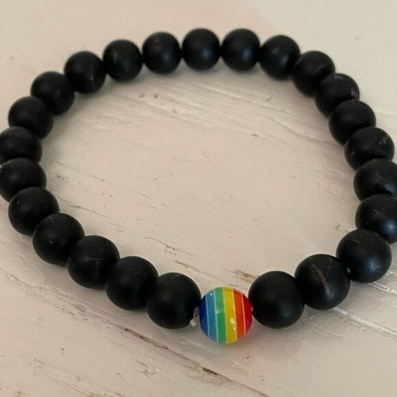 Stackable opaque black ebony beaded stretch bracelet w/LGBTQ+ bead - Picture 3 of 11
